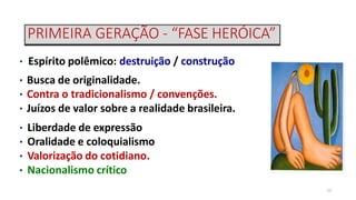 PRIMEIRA GERAÇÃO - “FASE HERÓICA”
12
• Espírito polêmico: destruição / construção
• Busca de originalidade.
• Contra o tradicionalismo / convenções.
• Juízos de valor sobre a realidade brasileira.
• Liberdade de expressão
• Oralidade e coloquialismo
• Valorização do cotidiano.
• Nacionalismo crítico
 