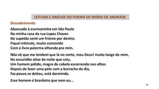 LEITURA E ANÁLISE DO POEMA DE MÁRIO DE ANDRADE
Descobrimento
Abancado à escrivaninha em São Paulo
Na minha casa da rua Lopes Chaves
De supetão senti um friúme por dentro.
Fiquei trêmulo, muito comovido
Com o livro palerma olhando pra mim.
Não vê que me lembrei que lá no norte, meu Deus! muito longe de mim,
Na escuridão ativa da noite que caiu,
Um homem pálido, magro de cabelo escorrendo nos olhos
Depois de fazer uma pele com a borracha do dia,
Faz pouco se deitou, está dormindo.
Esse homem é brasileiro que nem eu...
14
 