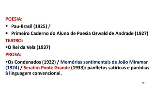 POESIA:
28


Pau-Brasil (1925) /
Primeiro Caderno do Aluno de Poesia Oswald de Andrade (1927)
TEATRO:
O Rei da Vela (1937)
PROSA:
Os Condenados (1922) / Memórias sentimentais de João Miramar
(1924) / Serafim Ponte Grande (1933): panfletos satiricos e paródias
à linguagem convencional.
 
