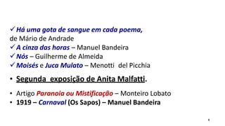 Há uma gota de sangue em cada poema,
de Mário de Andrade
A cinza das horas – Manuel Bandeira
Nós – Guilherme de Almeida
Moisés e Juca Mulato – Menotti del Picchia
• Segunda exposição de Anita Malfatti.
• Artigo Paranoia ou Mistificação – Monteiro Lobato
• 1919 – Carnaval (Os Sapos) – Manuel Bandeira
9
 