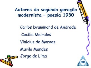 Autores da segunda geração
modernista – poesia 1930
Carlos Drummond de Andrade
Cecília Meireles
Vinícius de Moraes
Murilo Mendes
Jorge de Lima
 