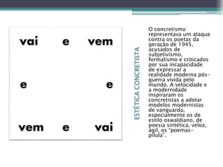 ESTÉTICACONCRETISTA
O concretismo
representava um ataque
contra os poetas da
geração de 1945,
acusados de
subjetivismo,
formalismo e criticados
por sua incapacidade
de expressar a
realidade moderna pós-
guerra vivida pelo
mundo. A velocidade e
a modernidade
inspiraram os
concretistas a adotar
modelos modernistas
de vanguarda,
especialmente os de
estilo oswaldiano, de
poesia sintética, veloz,
ágil, os “poemas-
pílula”.
 