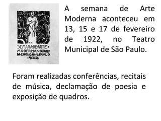 A semana de Arte
Moderna aconteceu em
13, 15 e 17 de fevereiro
de 1922, no Teatro
Municipal de São Paulo.
Foram realizadas conferências, recitais
de música, declamação de poesia e
exposição de quadros.
 
