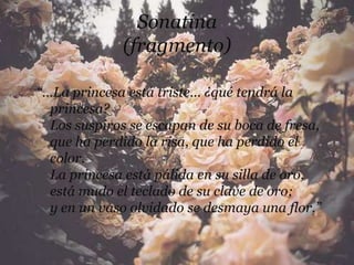 Sonatina
             (fragmento)

“…La princesa está triste... ¿qué tendrá la
  princesa?
  Los suspiros se escapan de su boca de fresa,
  que ha perdido la risa, que ha perdido el
  color.
  La princesa está pálida en su silla de oro,
  está mudo el teclado de su clave de oro;
  y en un vaso olvidado se desmaya una flor.”
 