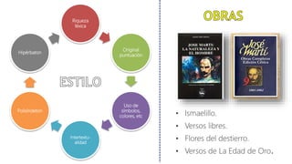Riqueza
léxica
Original
puntuación
Uso de
símbolos,
colores, etc
Intertextu-
alidad
Polisíndeton
Hipérbaton
• Ismaelillo.
• Versos libres.
• Flores del destierro.
• Versos de La Edad de Oro.
 