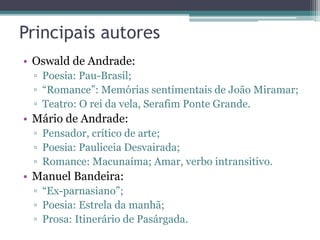 Principais autores
• Oswald de Andrade:
▫ Poesia: Pau-Brasil;
▫ “Romance”: Memórias sentimentais de João Miramar;
▫ Teatro: O rei da vela, Serafim Ponte Grande.
• Mário de Andrade:
▫ Pensador, crítico de arte;
▫ Poesia: Pauliceia Desvairada;
▫ Romance: Macunaíma; Amar, verbo intransitivo.
• Manuel Bandeira:
▫ “Ex-parnasiano”;
▫ Poesia: Estrela da manhã;
▫ Prosa: Itinerário de Pasárgada.
 