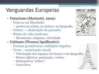 Vanguardas Europeias
• Futurismo (Marinetti, 1909):
▫ Palavra em liberdade:
 quebra na ordem, na sintaxe, na tipografia.
▫ Futuro → destruição do passado;
▫ Ritmo da vida moderna:
 Movimento, máquina, velocidade.
• Cubismo (Picasso/Apollinaire):
▫ Formas geométricas, múltiplos ângulos;
▫ Texto – construção visual:
 Valorização dos espaços em branco e da tipografia;
 Menos adjetivos, pontuação, verbos;
 Substantivos “soltos”;
 Verso livre.
 
