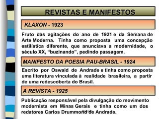 REVISTAS E MANIFESTOS KLAXON  - 1923 A REVISTA - 1925 MANIFESTO DA POESIA PAU-BRASIL - 1924 Fruto  das  agitações  do  ano  de  1921 e  da  Semana de Arte Moderna.  Tinha  como  proposta  uma  concepção estilística  diferente,  que  anunciava  a  modernidade,  o século XX, “buzinando”, pedindo passagem. Escrito  por  Oswald  de  Andrade e tinha como proposta uma literatura vinculada à  realidade  brasileira,  a  partir de uma redescoberta do Brasil. Publicação responsável pela divulgação do movimento modernista  em  Minas Gerais  e  tinha  como  um  dos  redatores Carlos Drummond de Andrade. 