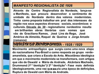 MANIFESTO REGIONALISTA DE 1926 REVISTA DA ANTROPOFAGIA - 1928 / 1929 Através  do  Centro  Regionalista  do  Nordeste,  lança-se o Manifesto,  que  procura  desenvolver  o  sentimento  de  unidade  do  Nordeste  dentro  dos  valores  modernistas.  Tinha  como proposta trabalhar em  prol  dos interesses  da região nos seus aspectos diversos:  sociais, econômicos  e culturais.  Década  de  30  - regionalismo  nordestino  resulta  em brilhantes  obras  literárias  com  nomes  que  vão  de  Graciliano Ramos,  José  Lins do Rego,  José  Américo de Almeida, Raquel  de  Queiroz  e  Jorge Amado (romance) a João Cabral de Melo Neto (poesia). Movimento  antropofágico  que  surgiu como uma nova  etapa do nacionalismo Pau-Brasil e como resposta ao grupo  verde- amarelista, que criara a Escola da Anta. Miscelânea ideológica em que o movimento modernista se transformara, com artigos que vão de Oswald  e  Mário de Andrade,  Alcântara Machado, Drummond (1ª “dentição”)/ 2ª “dentição”- Fase  mais  definida  ideologicamente, uma vez que se via uma época de definições. Ruptura de Oswald com Mário de Andrade.  