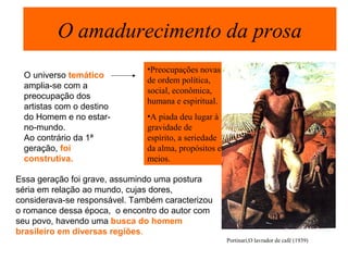 O amadurecimento da prosa
O universo temático
amplia-se com a
preocupação dos
artistas com o destino
do Homem e no estar-
no-mundo.
Ao contrário da 1ª
geração, foi
construtiva.
•Preocupações novas
de ordem política,
social, econômica,
humana e espiritual.
•A piada deu lugar à
gravidade de
espírito, a seriedade
da alma, propósitos e
meios.
Essa geração foi grave, assumindo uma postura
séria em relação ao mundo, cujas dores,
considerava-se responsável. Também caracterizou
o romance dessa época, o encontro do autor com
seu povo, havendo uma busca do homem
brasileiro em diversas regiões.
Portinari,O lavrador de café (1939)
 