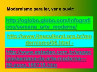 Modernismo para ler, ver e ouvir:

http://oglobo.globo.com/infografi
cos/semana_arte_moderna/
http://www.itaucultural.org.br/mo
        dernismo/06.html -
http://www.estadao.com.br/espec
iais/semana-de-arte-moderna---
90-anos,160718.htm
 