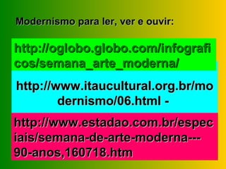 Modernismo para ler, ver e ouvir:

http://oglobo.globo.com/infografi
cos/semana_arte_moderna/
http://www.itaucultural.org.br/mo
        dernismo/06.html -
http://www.estadao.com.br/espec
iais/semana-de-arte-moderna---
90-anos,160718.htm
 