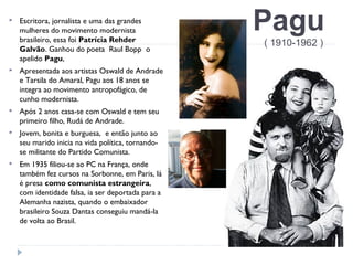 Pagu
( 1910-1962 )
 Escritora, jornalista e uma das grandes
mulheres do movimento modernista
brasileiro, essa foi Patrícia Rehder
Galvão. Ganhou do poeta  Raul Bopp  o
apelido Pagu,
 Apresentada aos artistas Oswald de Andrade
e Tarsila do Amaral, Pagu aos 18 anos se
integra ao movimento antropofágico, de
cunho modernista.
 Após 2 anos casa-se com Oswald e tem seu
primeiro filho, Rudá de Andrade.
 Jovem, bonita e burguesa, e então junto ao
seu marido inicia na vida política, tornando-
se militante do Partido Comunista.
 Em 1935 filiou-se ao PC na França, onde
também fez cursos na Sorbonne, em Paris, lá
é presa como comunista estrangeira,
com identidade falsa, ia ser deportada para a
Alemanha nazista, quando o embaixador
brasileiro Souza Dantas conseguiu mandá-la
de volta ao Brasil.
 