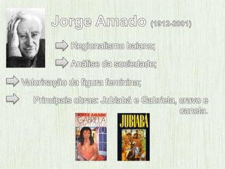 Regionalismo baiano;
Análise da sociedade;
Valorização da figura feminina;
Principais obras: Jubiabá e Gabriela, cravo e
canela.
 
