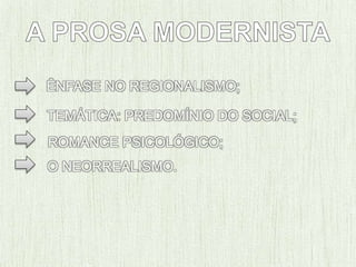 ÊNFASE NO REGIONALISMO;
TEMÁTICA: PREDOMÍNIO DO SOCIAL;
ROMANCE PSICOLÓGICO;
O NEORREALISMO.
 