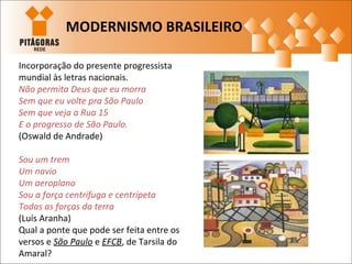 Incorporação do presente progressista
mundial às letras nacionais.
Não permita Deus que eu morra
Sem que eu volte pra São Paulo
Sem que veja a Rua 15
E o progresso de São Paulo.
(Oswald de Andrade)
Sou um trem
Um navio
Um aeroplano
Sou a força centrífuga e centrípeta
Todas as forças da terra
(Luís Aranha)
Qual a ponte que pode ser feita entre os
versos e São Paulo e EFCB, de Tarsila do
Amaral?
MODERNISMO BRASILEIRO
 