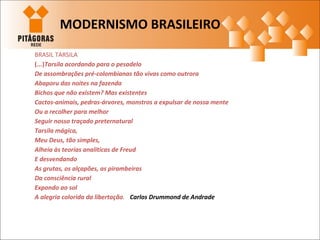 BRASIL TARSILA
(...)Tarsila acordando para o pesadelo
De assombrações pré-colombianas tão vivas como outrora
Abaporu das noites na fazenda
Bichos que não existem? Mas existentes
Cactos-animais, pedras-árvores, monstros a expulsar de nossa mente
Ou a recolher para melhor
Seguir nosso traçado preternatural
Tarsila mágica,
Meu Deus, tão simples,
Alheia às teorias analíticas de Freud
E desvendando
As grutas, os alçapões, as pirambeiras
Da consciência rural
Expondo ao sol
A alegria colorida da libertação. Carlos Drummond de Andrade
MODERNISMO BRASILEIRO
 