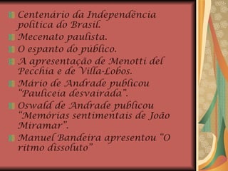 Centenário da Independência política do Brasil. Mecenato paulista. O espanto do público. A apresentação de Menotti del Pecchia e de Villa-Lobos. Mário de Andrade publicou “Pauliceia desvairada”. Oswald de Andrade publicou “Memórias sentimentais de João Miramar”. Manuel Bandeira apresentou “O ritmo dissoluto” 