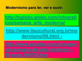 http://www.itaucultural.org.br/mo
dernismo/06.html -
http://oglobo.globo.com/infografi
cos/semana_arte_moderna/
http://www.estadao.com.br/espec
iais/semana-de-arte-moderna---
90-anos,160718.htm
Modernismo para ler, ver e ouvir:
 