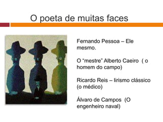 O poeta de muitas faces
Fernando Pessoa – Ele
mesmo.
O “mestre” Alberto
Caeiro
(O homem do campo)
Ricardo Reis – lirismo
clássico (O médico)
Álvaro de Campos
 