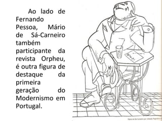 Ao lado de
Fernando
Pessoa, Mário
de Sá-Carneiro
também
participante da
revista Orpheu,
é outra figura de
destaque da
primeira
geração do
Modernismo em
Portugal.
 