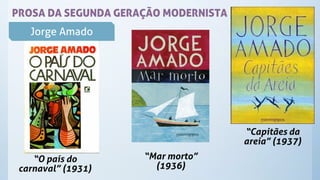 PROSA DA SEGUNDA GERAÇÃO MODERNISTA
Jorge Amado
“O país do
carnaval” (1931)
“Mar morto”
(1936)
“Capitães da
areia” (1937)
 