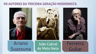 OS AUTORES DA TERCEIRA GERAÇÃO MODERNISTA
Ariano
Suassuna
João Cabral
de Melo Neto
Ferreira
Gullar
 