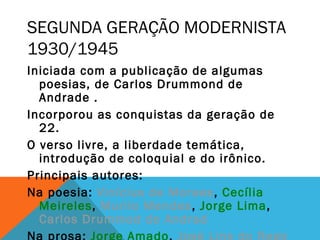 SEGUNDA GERAÇÃO MODERNISTA
1930/1945
Iniciada com a publicação de algumas
poesias, de Carlos Drummond de
Andrade .
Incorporou as conquistas da geração de
22.
O verso livre, a liberdade temática,
introdução de coloquial e do irônico.
Principais autores:
Na poesia: Vinícius de Moraes, Cecília
Meireles, Murilo Mendes, Jorge Lima,
Carlos Drummod de Andrad
 