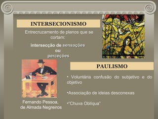 INTERSECIONISMO Entrecruzamento de planos que se cortam:  intersecção de  sensações   ou  perceções PAULISMO Voluntária confusão do subjetivo e do objetivo  Associação de ideias desconexas “ Chuva Oblíqua” Fernando Pessoa,  de Almada Negreiros 