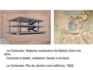 Le Corbusier, Sistema construtivo da Maison Dom-Ino,
1914.
  Concreto é sólido, maleável, barato e durável.

  Le Corbusier, Rio de Janeiro com edifícios, 1929.
 