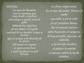 La fiera virgen ama.
Es el mes del ardor. Parece el
suelo
rescoldo; y en el cielo
el sol inmensa llama.
Por el ramaje oscuro
salta huyendo el canguro.
El boa se infla, duerme, se
calienta
a la tórrida lumbre;
el pájaro se sienta
a reposar sobre la verde
cumbre.
ESTIVAL
La tigre de Bengala,
con su lustrosa piel
manchada a trechos
está alegre y gentil, está de
gala.
Salta de los repechos
de un ribazo, al tupido
carrizal de un bambú; luego, a
la roca
que se yergue a la entrada de
su gruta.
Allí lanza un rugido,
se agita como loca
y enza de placer su piel
hirsuta.
 