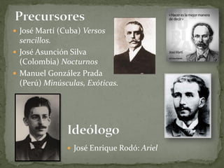  José Martí (Cuba) Versos
sencillos.
 José Asunción Silva
(Colombia) Nocturnos
 Manuel González Prada
(Perú) Minúsculas, Exóticas.
 José Enrique Rodó: Ariel
 