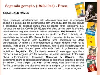 Segunda geração (1930-1945) - Prosa

GRACILIANO RAMOS

Seus romances caracterizam-se pelo relacionamento entre as condições
sociais e a psicologia das personagens com uma linguagem precisa, enxuta
e despojada, de períodos curtos mas de grande força expressiva. Seu
romance de estréia, Caetés (1933), gira em torno de um caso de adultério
ocorrido numa pequena cidade do interior nordestino. São Bernardo (1934),
uma de suas obras-primas, narra a ascensão de Paulo Honório, rico
proprietário da fazenda São Bernardo. Com o objetivo de ter um herdeiro
Paulo Honório casa-se com Madalena, uma professora de idéias
progressistas. O ciúme e a incompreensão de Paulo Honório levam-na ao
suicídio. Trata-se de um romance admirável, não só pela caracterização da
personagem, mas também pelo tratamento dado à problemática dos
indivíduos. Angústia (1936), é a história de uma só personagem, que vive a
remoer a sua angústia por ter cometido um crime passional. Entre suas
obras auto-biográficas, destaca-se Memórias do Cárcere (1953),
depoimento sobre as condições dramáticas de sua prisão durante o governo
do ditador Getúlio Vargas. Em Vidas Secas (1938) narra a historia de uma
família de retirantes que abandona sua terra atingida por uma forte seca. A
secura do ambiente e a dureza da vida vai embrutecendo os personagens .
 