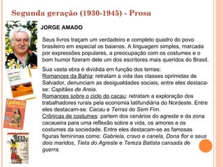 Segunda geração (1930-1945) - Prosa
       JORGE AMADO

       Seus livros traçam um verdadeiro e completo quadro do povo
       brasileiro em especial os baianos. A linguagem simples, marcada
       por expressões populares, a preocupação com os costumes e o
       bom humor fizeram dele um dos escritores mais queridos do Brasil.
       Sua vasta obra é dividida em função dos temas:
       Romances da Bahia: retratam a vida das classes oprimidas de
       Salvador, denunciam as desigualdades sociais, entre eles destaca-
       se: Capitães de Areia.
       Romances sobre o ciclo do cacau: retratam a exploração dos
       trabalhadores rurais pela economia latifundiária do Nordeste. Entre
       eles destacam-se: Cacau e Terras do Sem Fim.
       Crônicas de costumes: partem dos cenários do agreste e da zona
       cacaueira para uma reflexão sobre a vida, os amores e os
       costumes da sociedade. Entre eles destacam-se as famosas
       figuras femininas como: Gabriela, cravo e canela, Dona flor e seus
       dois maridos, Tieta do Agreste e Tereza Batista cansada de
       guerra.
 