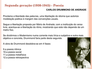 Segunda geração (1930-1945) - Poesia
                                         CARLOS DRUMMOND DE ANDRADE

Proclama a liberdade das palavras, uma libertação do idioma que autoriza
modelação poética à margem das convenções usuais.

Segue a libertação proposta por Mário de Andrade; com a instituição do verso
livre, acentua-se a libertação do ritmo, mostrando que este não depende de um
metro fixo.

Se dividirmos o Modernismo numa corrente mais lírica e subjetiva e outra mais
objetiva e concreta, Drummond faria parte desta segunda.

A obra de Drummond desdobra-se em 4 fases:

9.a poesia irônica
10.a poesia social
11.a poesia metafísica
12.a poesia retrospectiva
 