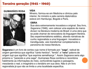 Terceira geração (1945 - 1960)

 GUIMARÃES ROSA          VIDA
                         Mineiro, formou-se em Medicina e clinicou pelo
                         interior, foi ministro e pela carreira diplomática
                         esteve em Hamburgo, Bogotá e Paris.
                          OBRA
                          Sua obra extremamente inovadora e original. Seu livro,
                          Sagarana (1946), vem colocar uma espécie de marco
                          divisor na literatura moderna do Brasil: é uma obra que
                          se pode chamar de renovadora da linguagem literária.
                          Seu experimentalismo estético, aliando narrativas de
                          cunho regionalista a uma linguagem inovadora e
                          transfigurada, veio transformar completamente o
                          panorama da nossa literatura.

Sagarana é um livro de contos cujo nome é formado por: "saga", radical de
origem germânica que significa "canto heróico", "lenda"; e "rana" palavra de
origem tupi que significa "que exprime semelhança ". Assim Sagarana seria algo
próximo a: "parecido a uma saga". Guimaraes Rosa combina e recombina
habilmente as informações do meio, confundindo lugares e paisagens,
mesclando o real, o imaginário e o lendário em sua obra. Não é um livro
regionalista já que não se limita a uma localidade especifica.
 
