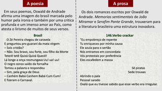 Em seus poemas, Oswald de Andrade
afirma uma imagem do brasil marcada pelo
humor pela ironia e também por uma critica
profunda e um imenso amor ao País, como
atesta o lirismo de muitos de seus versos.
A poesia
Brasil
O Zé Pereira chegou de caravela
E preguntou pro guarani da mata virgem
– Sois cristão?
– Não. Sou bravo, sou forte, sou filho da Morte
Teterê tetê Quizá Quizá Quecê!
Lá longe a onça resmungava Uu! ua! uu!
O negro zonzo saído da fornalha
Tomou a palavra e respondeu
– Sim, pela graça de Deus
– Canhém Babá Canhem Babá Cum Cum!
E fizeram o Carnaval.
A prosa
Os dois romances escritos por Oswald de
Andrade. Memorias sentimentais de João
Miramar e Serafim Ponte Grande, trouxeram para
a literatura brasileira uma estrutura inovadora.
146.Verbo crackar
"Eu empobreço de repente
Tu enriqueces por minha causa
Ele azula para o sertão
Nós entramos em concordata
Vós protestais por preferência
Eles escafedem a massa
Sê piratas
Sede trouxas
Abrindo o pala
Pessoal sarado
Oxalá que eu tivesse sabido que esse verbo era irregular.
 