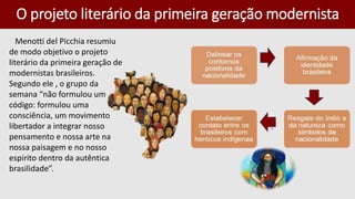 O projeto literário da primeira geração modernista
Menotti del Picchia resumiu
de modo objetivo o projeto
literário da primeira geração de
modernistas brasileiros.
Segundo ele , o grupo da
semana “não formulou um
código: formulou uma
consciência, um movimento
libertador a integrar nosso
pensamento e nossa arte na
nossa paisagem e no nosso
espirito dentro da autêntica
brasilidade”.
 