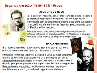 Segunda geração (1930-1945) - Prosa
                                    JOSE LINS DO REGO
                       Foi o escritor brasileiro, considerado um dos grandes nomes
                       da literatura regionalista brasileira. Foi um autor muito
                       identificado com os costumes do povo e sua obra baseou-se
                       na experiência de menino nas fazendas produtoras de cana
                       da Paraíba e Pernambuco.
                       Principais temas: a decadência dos engenhos de açúcar e da
                       estrutura patriarcal, as disputas políticas no Nordeste e o cangaço.
                       Principais obras: Menino de Engenho e Fogo Morto.


                                           ERICO VERISSIMO
É o representante da região Sul do Brasil na prosa. Sua obra
é dividida em romances urbanos, históricos e políticos.
Principais romances urbanos: Clarissa e Olhai os lírios do campo:
analisa os conflitos e os valores de uma sociedade em crise.
Principal romance histórico: a trilogia O tempo e o Vento: narra a
disputa pelo poder político entre importantes famílias na região Sul.
Principal romance político: Incidente em Antares: explora o
fantástico e o absurdo, o real e o imaginário se misturam.
 
