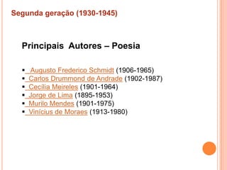 Segunda geração (1930-1945)



  Principais Autores – Poesia

     Augusto Frederico Schmidt (1906-1965)
     Carlos Drummond de Andrade (1902-1987)
     Cecília Meireles (1901-1964)
     Jorge de Lima (1895-1953)
     Murilo Mendes (1901-1975)
     Vinícius de Moraes (1913-1980)
 