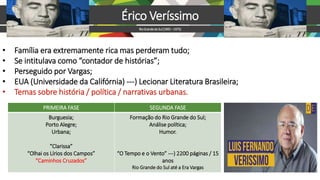 • Família era extremamente rica mas perderam tudo;
• Se intitulava como “contador de histórias”;
• Perseguido por Vargas;
• EUA (Universidade da Califórnia) ---) Lecionar Literatura Brasileira;
• Temas sobre história / política / narrativas urbanas.
Érico Veríssimo
RioGrandedoSul(1905–1975)
PRIMEIRA FASE SEGUNDA FASE
Burguesia;
Porto Alegre;
Urbana;
“Clarissa”
“Olhai os Lírios dos Campos”
“Caminhos Cruzados”
Formação do Rio Grande do Sul;
Análise política;
Humor.
“O Tempo e o Vento” ---) 2200 páginas / 15
anos
Rio Grande do Sul até a Era Vargas
 