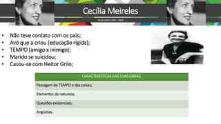 • Não teve contato com os pais;
• Avó que a criou (educação rígida);
• TEMPO (amigo x inimigo);
• Marido se suicidou;
• Casou-se com Heitor Grilo;
Cecília Meireles
RiodeJaneiro(1901–1964)
CARACTERÍSTICAS DAS SUAS OBRAS:
Passagem do TEMPO e das coisas;
Elementos da natureza;
Questões existenciais;
Angústias.
 