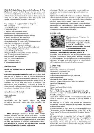 Mário de Andrade foi uma figura central na Semana de Arte
Moderna. O seu livro Pauliceia Desvairada é tido como a base
do modernismo brasileiro. Já no prefácio, ele demonstra o seu
ardente nacionalismo ao escolher escrever algumas palavras
como elas são ditas, rejeitando os ideais do passado, e se
opondo completamente ao orgulho parnasiano.
Veja um trecho do seu poema “Ode ao Burguês”:
Ode ao Burguês
Eu insulto o burguês! O burguês-níquel
o burguês-burguês!
A digestão bem-feita de São Paulo!
O homem-curva! O homem-nádegas!
O homem que sendo francês, brasileiro, italiano,
é sempre um cauteloso pouco-a-pouco!
Eu insulto as aristocracias cautelosas!
Os barões lampiões! Os condes Joões! Os duques zurros!
Que vivem dentro de muros sem pulos,
e gemem sangue de alguns mil-réis fracos
para dizerem que as filhas da senhora falam o francês
e tocam os “Printemps” com as unhas!
Eu insulto o burguês-funesto!
O indigesto feijão com toucinho, dono das tradições!
Fora os que algarismam os amanhãs!
Olha a vida dos nossos setembros!
Fará Sol? Choverá? Arlequinal!
Mas à chuva dos rosais
o êxtase fará sempre Sol!
Graciliano Ramos
Escritor da Segunda Fase do Modernismo
1892-1953
Graciliano Ramos foi o autor de Vidas Secas, que é um dos mais
ricos retratos da pobreza no Brasil. A narrativa acompanha a
história de uma família de retirantes sertanejos que luta contra
a miséria, as dificuldades comunicativas e o próprio sertão. A
linguagem do livro é seca assim como o ambiente e os
pensamentos dos personagens, mostrando a busca do
modernismo de mudar como as coisas eram feitas, e a maestria
do autor em incorporar o tema à forma.
Carlos Drummond de Andrade
Poeta Modernista
1902-1987
Considerado um dos maiores autores da língua
portuguesa, Drummond atuou nas três gerações do
modernismo.
1. (ENEM 2010) Após estudar na Europa, Anita Malfatti
retornou ao Brasil com uma mostra que abalou a cultura
nacional do início do século XX. Elogiada por seus mestres na
Europa, Anita se considerava pronta para mostrar seu trabalho
no Brasil, mas enfrentou as duras críticas de Monteiro Lobato.
Com a intenção de criar uma arte que valorizasse a cultura
brasileira, Anita Malfatti e outros modernistas
a) buscaram libertar a arte brasileira das normas acadêmicas
europeias, valorizando as cores, a originalidade e os temas
nacionais.
b) defenderam a liberdade limitada de uso da cor, até então
utilizada de forma irrestrita, afetando a criação artística nacional.
c) representavam a ideia de que a arte deveria copiar fielmente a
natureza, tendo como finalidade a prática educativa.
d) mantiveram de forma fiel a realidade nas figuras retratadas,
defendendo uma liberdade artística ligada à tradição acadêmica.
e) buscaram a liberdade na composição de suas figuras,
respeitando limites de temas abordados.
2. (ENEM 2010)
(Tarsila do Amaral. “O mamoeiro”,
1925.)
O modernismo brasileiro teve forte
influência das vanguardas europeias.
A partir da Semana de Arte
Moderna, esses conceitos passaram
a fazer parte da arte brasileira
definitivamente. Tomando como referência o quadro “O
mamoeiro”, identifica-se que, nas artes plásticas, a
a) imagem passa a valer mais que as formas vanguardistas.
b) forma estética ganha linhas retas e valoriza o cotidiano.
c) natureza passa a ser admirada como um espaço utópico.
d) imagem privilegia uma ação moderna e industrializada.
e) forma apresenta contornos e detalhes humanos.
3. (ENEM 2012)
O trovador
Sentimentos em mim do asperamente
dos homens das primeiras eras…
As primaveras do sarcasmo
intermitentemente no meu coração arlequinal…
Intermitentemente…
Outras vezes é um doente, um frio
na minha alma doente como um longo som redondo…
Cantabona! Cantabona!
Dlorom…
Sou um tupi tangendo um alaúde!
Mário de Andrade.
Cara ao Modernismo, a questão da identidade nacional é
recorrente na prosa e na poesia de Mário de Andrade. Em O
trovador, esse aspecto é
a) abordado subliminarmente, por meio de expressões como
“coração arlequinal” que, evocando o carnaval, remete à
brasilidade.
b) verificado já no título, que remete aos repentistas
nordestinos, estudados por Mário de Andrade em suas viagens
e pesquisas folclóricas.
c) lamentado pelo eu lírico, tanto no uso de expressões como
“Sentimentos em mim do asperamente” (v. 1), “frio” (v. 6),
“alma doente” (v. 7), como pelo som triste do alaúde “Dlorom”
(v. 9).
d) problematizado na oposição tupi (selvagem) x alaúde
(civilizado), apontando a síntese nacional que seria proposta no
Manifesto Antropófago, de Oswald de Andrade.
e) exaltado pelo eu lírico, que evoca os “sentimentos dos
homens das primeiras eras” para mostrar o orgulho brasileiro
por suas raízes indígenas.
 