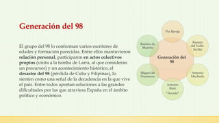 Generación del 98
Generación del
98
Pío Baroja
Ramón
del Valle-
Inclán
Antonio
Machado
Antonio
Ruiz
“Azorín”
Miguel de
Unamuno
Ramiro de
MaeztuEl grupo del 98 lo conforman varios escritores de
edades y formación parecidas. Entre ellos mantuvieron
relación personal, participaron en actos colectivos
propios (visita a la tumba de Larra, al que consideran
un precursor) y un acontecimiento histórico, el
desastre del 98 (pérdida de Cuba y Filipinas), lo
sienten como una señal de la decadencia en la que vive
el país. Entre todos aportan soluciones a las grandes
dificultades por las que atraviesa España en el ámbito
político y económico.
 