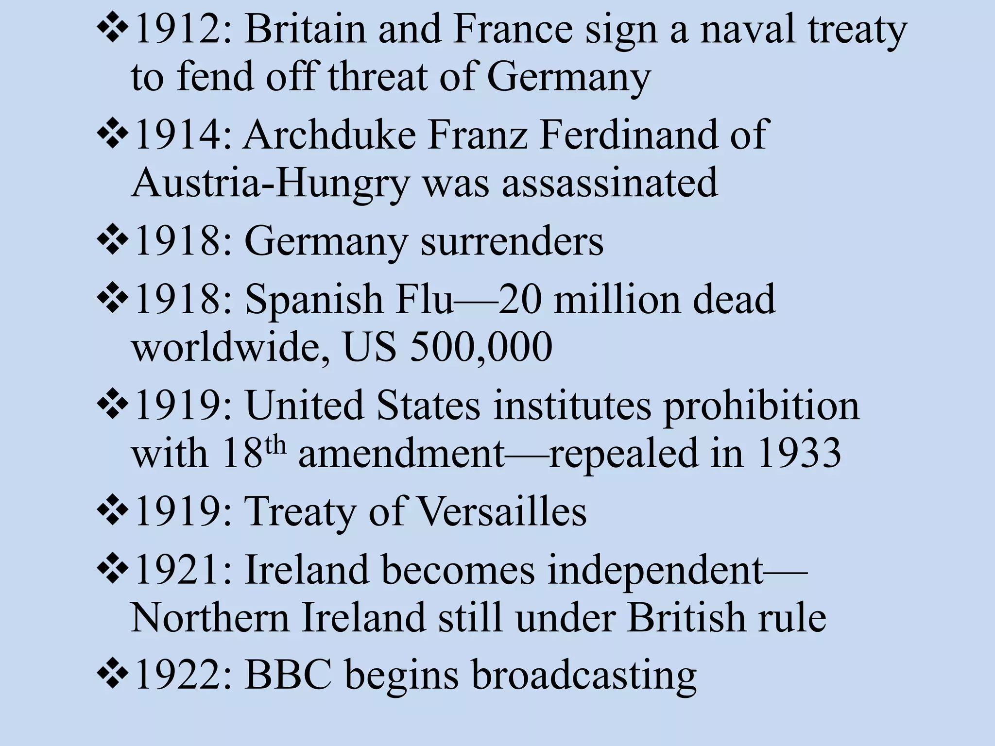 1912: Britain and France sign a naval treaty
 to fend off threat of Germany
1914: Archduke Franz Ferdinand of
 Austria-Hungry was assassinated
1918: Germany surrenders
1918: Spanish Flu—20 million dead
 worldwide, US 500,000
1919: United States institutes prohibition
 with 18th amendment—repealed in 1933
1919: Treaty of Versailles
1921: Ireland becomes independent—
 Northern Ireland still under British rule
1922: BBC begins broadcasting
 