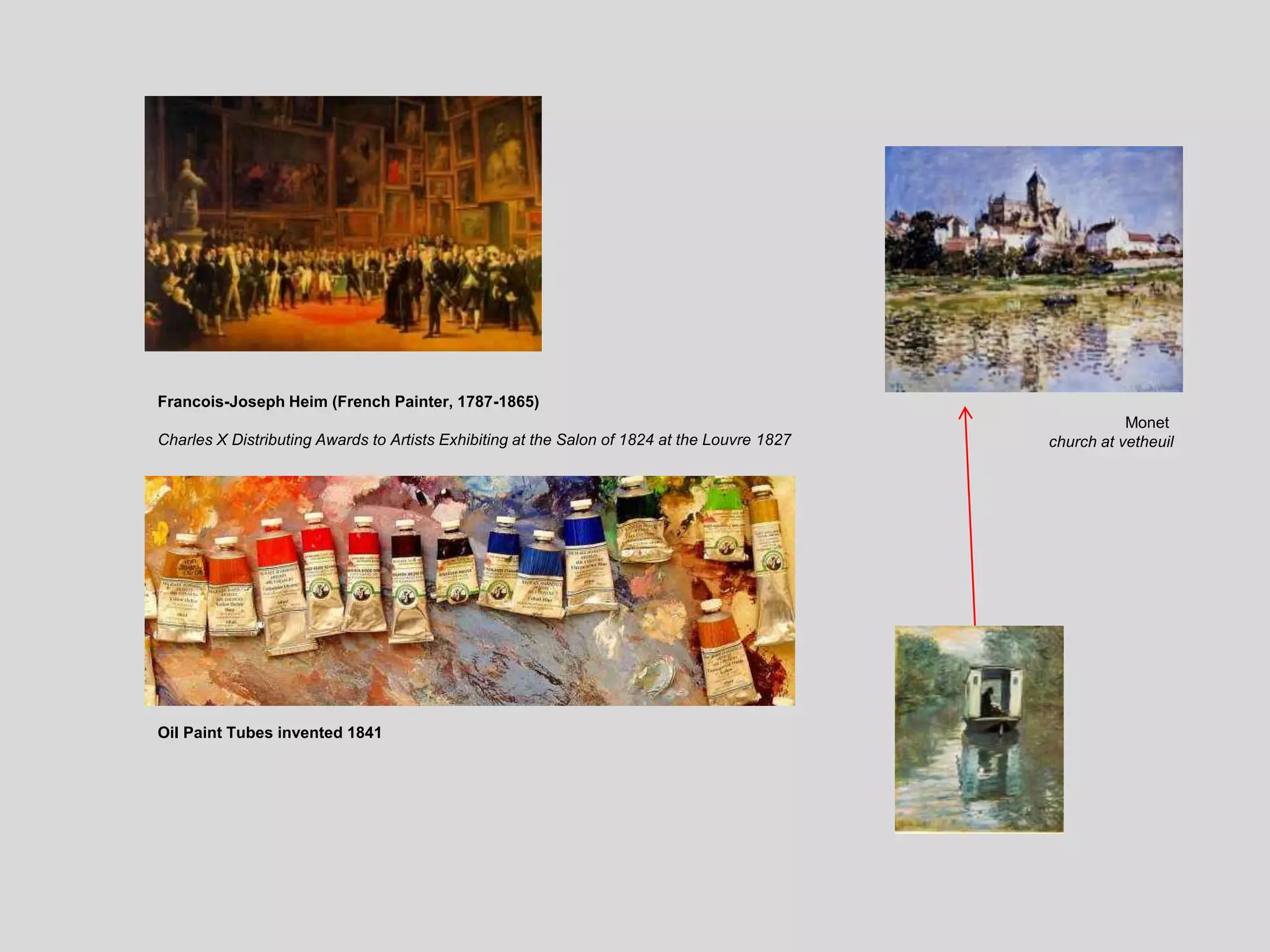 Francois-Joseph Heim (French Painter, 1787-1865)
Charles X Distributing Awards to Artists Exhibiting at the Salon of 1824 at the Louvre 1827
Oil Paint Tubes invented 1841
Monet
church at vetheuil
 