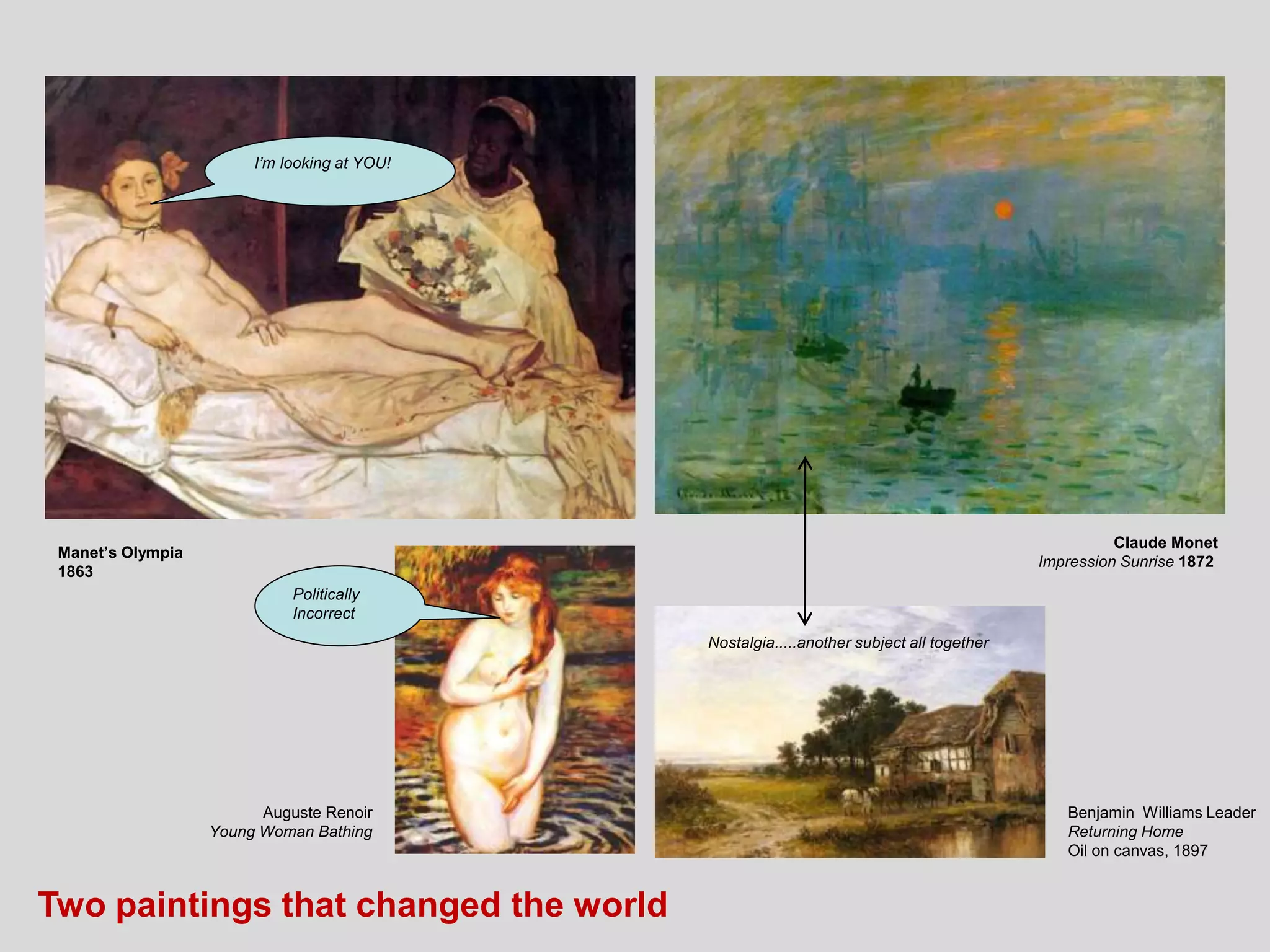Manet’s Olympia
1863
Claude Monet
Impression Sunrise 1872
Two paintings that changed the world
Auguste Renoir
Young Woman Bathing
Benjamin Williams Leader
Returning Home
Oil on canvas, 1897
Nostalgia.....another subject all together
Politically
Incorrect
I’m looking at YOU!
 