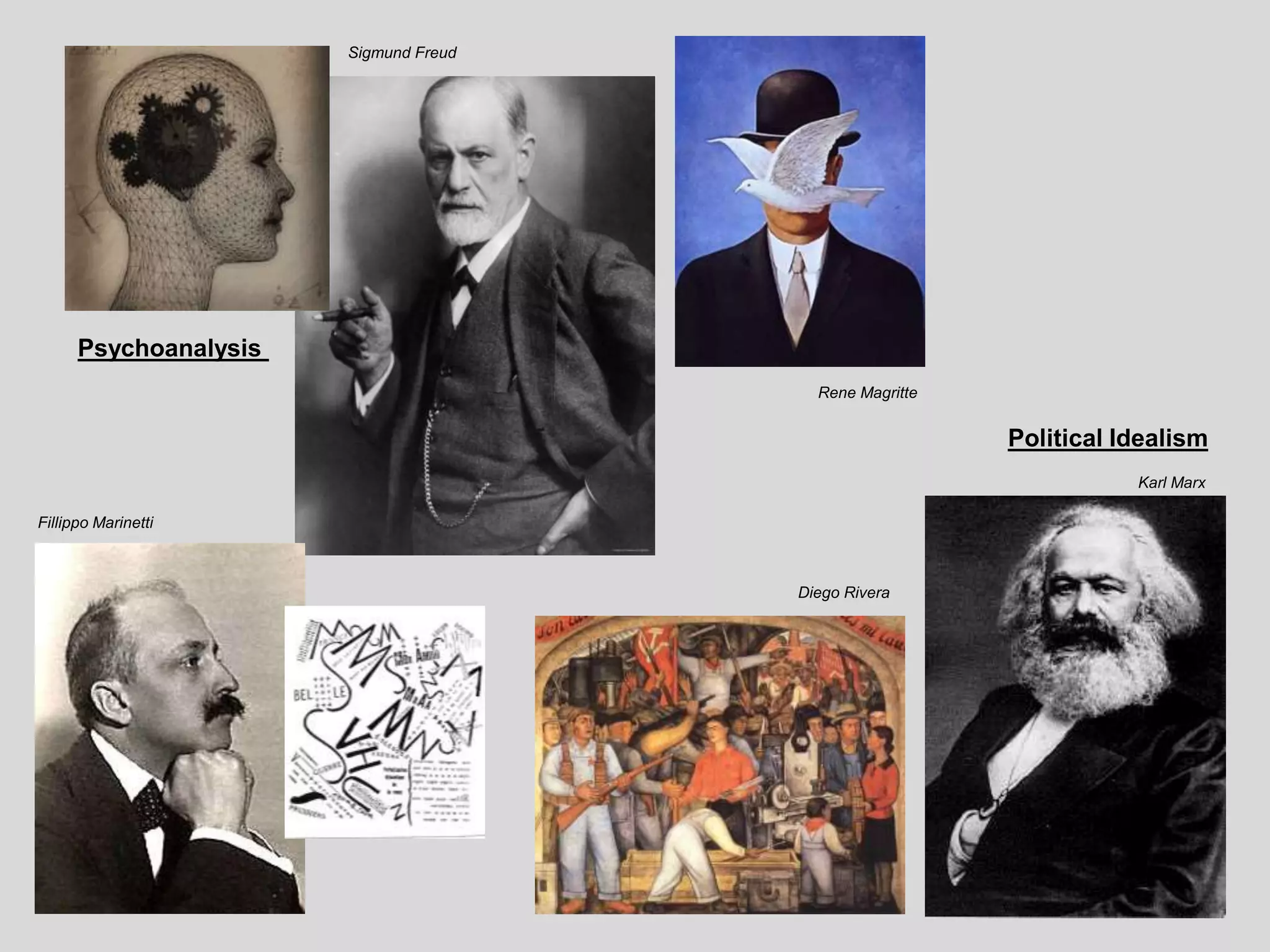Psychoanalysis
Sigmund Freud
Rene Magritte
Fillippo Marinetti
Karl Marx
Diego Rivera
Political Idealism
 