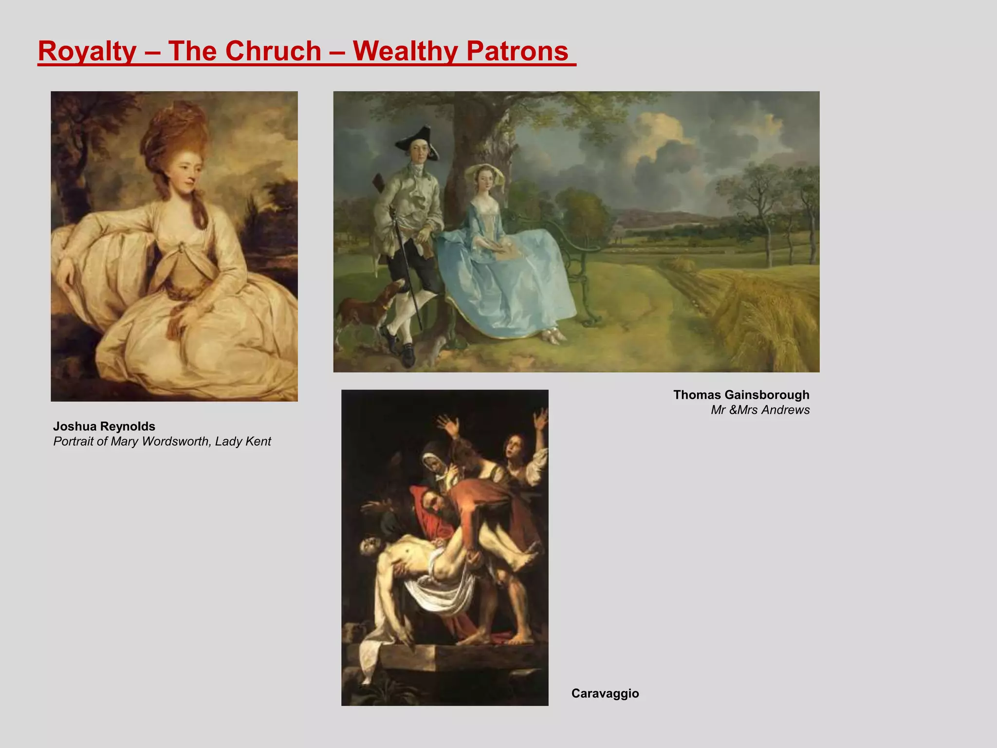 Royalty – The Chruch – Wealthy Patrons
Joshua Reynolds
Portrait of Mary Wordsworth, Lady Kent
Thomas Gainsborough
Mr &Mrs Andrews
Caravaggio
 