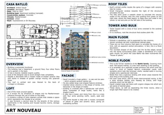 Sheet No
1
SignRagini Sahu
B.Arch 3 year
14ARCH010
ACA, Agra
Date
12/02/17
ART NOUVEAU
CASA BATLLÓ
• Architect- Antoni Gaudi
• Location- Barcelona, Spain
• Date- 1905 to 1907
• Building type- Apartment building (remodel)
• Construction system- Concrete
• Climate- Mediterranean
• Context- Urban
• Style- Expressionist or Art Nouveau
• Building is extremely functional.
• The building had a basement, a ground floor, four other floors
and a garden in the back.
• It has a visceral, skeletal organic quality.
• Goal of the designer was to avoid straight lines completely.
• Façade is decorated with a mosaic made of broken ceramic tiles
that starts in shades of golden orange moving into greenish
blues.
• The roof is arched and was likened to the back of
a dragon or dinosaur.
LOFT
• One of the most unusual spaces.
• It is known for its simplicity of shapes and its Mediterranean
influence through the use of white on the walls.
• It contains a series of sixty catenary arches that creates a space
which represents the ribcage of an animal.
• It was formerly a service area for the tenants of the various
apartments in the building and housed laundry rooms, storage
areas, etc.
OVERVIEW
• Gaudí included a huge gallery – to see and be seen
– which projects several metres out.
• He also added large oval-shaped feature windows.
• inserted stone columns in the shape of bones, and
balconies in the shape of masks
• building is crowned with a spectacular roof which,
being composed of large scales, looks like a
dragon’s back.
• It also has a tower, and rising from this is a cross
with four arms pointing north, south, east and
west.
• The entire facade is tiled with a mosaic composed
of pieces of glass and ceramic discs, giving an
undulating surface.
FACADE
ROOF TILES
• Roof's arched profile recalls the spine of a dragon with ceramic
tiles for scales.
• Small triangular window towards the right of the structure
simulates the eye.
• The tiles were given a metallic sheen to simulate the varying
scales of the monster, with the color grading from green on the
right side, where the head begins, to deep blue and violet in the
center, to red and pink on the left side of the building.
TOWER AND BULB
• Tower topped with a cross of four arms oriented to the cardinal
directions.
• It is a bulbous, root-like structure that evokes plant life.
MAIN FLOOR
• Entirely in sandstone, and is supported by two columns.
• Joinery windows set with multicolored stained glass.
• There are six fine columns that seem to simulate the bones of a
limb, with an apparent central articulation; in fact, this is a floral
decoration.
• The rounded shapes of the gaps and the lip-like edges carved
into the stone surrounding them create a semblance of a fully
open mouth, for which the Casa Batlló has been nicknamed the
"house of yawns."
Floor plans of Casa Ballto
Dragon roof terrace
Attic
Noble floor
Balcony
Section
External façade of Casa Ballto
Tower & Bulb
Stained glass window
Skeletal structure
Ceramic tiles
• This is the former residence of the Batlló family. Covering more
than 700 square metres, it is the main dwelling in the building.
• It is accessed via a splendid private entrance hall which puts the
visitor in mind of Captain Nemo’s underwater caves, with
skylights which look like tortoises’ shells, vaulted walls in curving
shapes and a spectacular staircase.
• Noble floor has a spacious landing with direct views towards the
blue tiling of the building well.
• the main suite which, with its three interconnected rooms, is like
a shop window display onto Passeig de Gràcia, with huge
windows which let the light in.
• Gaudí created large oak doors with organic shapes into which are
set panes of stained glass.
• These doors, as well as separating the three rooms, allow a
single light-filled space to be created.
NOBLE FLOOR
 